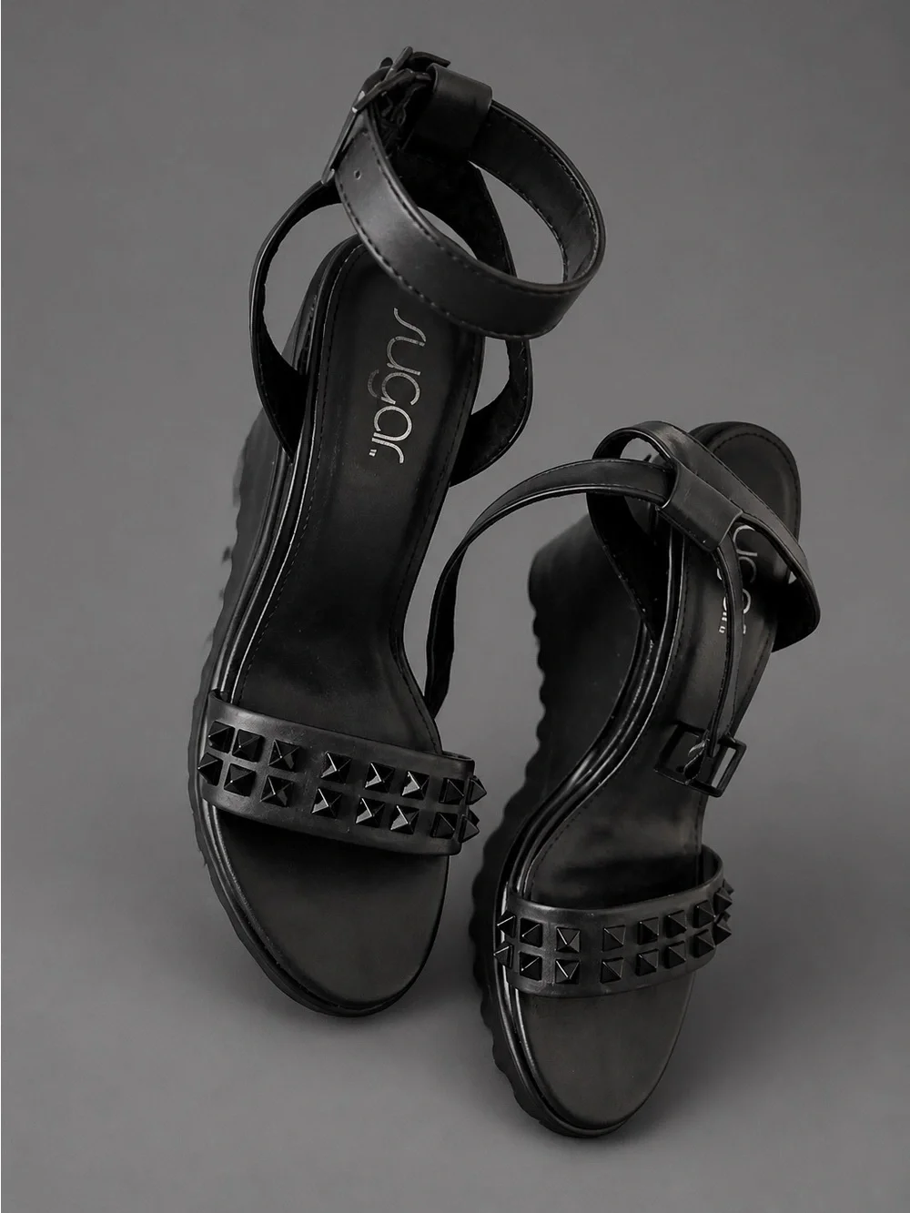 Sugar Black Studded Ankle-Strap Platform Sandals